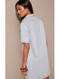 Tall Light Blue Contrast Stitch Denim Shirt Dress - 1
