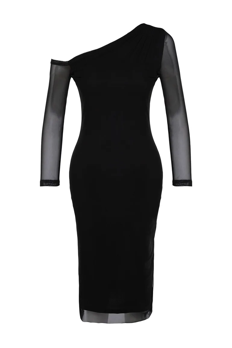 Black Abstract Lined Asymmetrical Collar Knitted Dress - 2