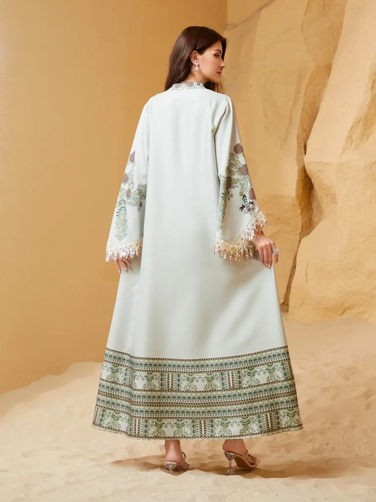Embroidered Beaded Sleeve Tassel Jalabiya - 5