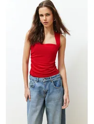 Red Plain Square Neck Strappy Gathered Knitted Blouse - 1