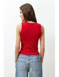 Red Plain Square Neck Strappy Gathered Knitted Blouse - 4