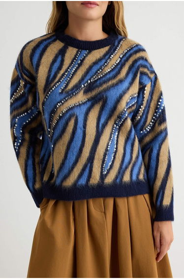 Blue Sequin Embroidered Soft Textured Knitwear Sweater product thumbnail 4
