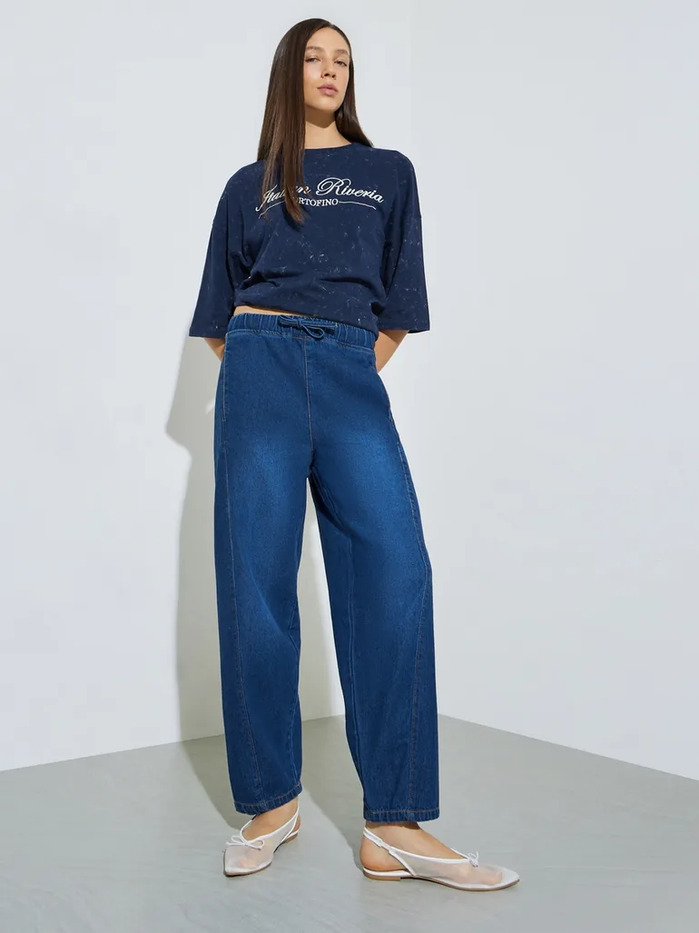 Dark Blue Barrel Fit Jogger Style Jeans
