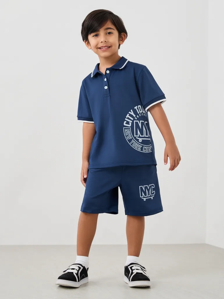 Graphic Print Polo T-Shirt and Shorts Set