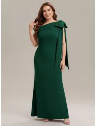 ever NOIR|Asymmetric Shoulder with Bow Knit Black Tie Formal Dress - 8