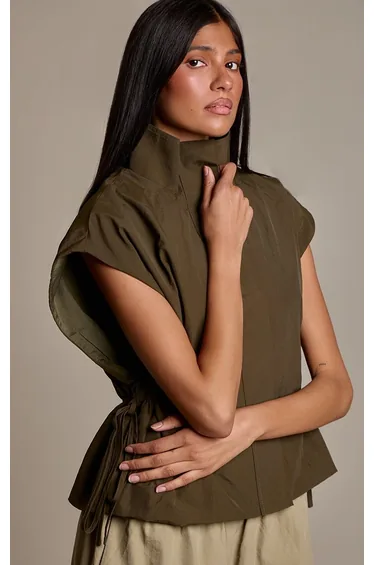 Dark Green Zip Up Sleeveless Utility Style Top