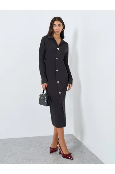 Black Buttoned Long Sleeves Midi Dress
