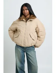 Borg Detail Bomber Jacket - taupe - 1