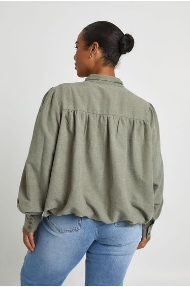 Plus Peached Gathered Detail Long Sleeve Top - khaki product thumbnail 3