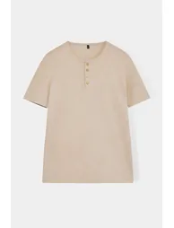 Beige Regular/Normal Cut Buttoned Textured Camisole T-Shirt - 3