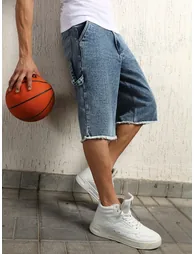 Raw Edge Mid Rise Faded Denim Shorts - 1