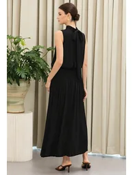 Tie-Neck Buttoned Back Sleeveless Maxi Dress in Black - 3
