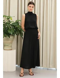 Tie-Neck Buttoned Back Sleeveless Maxi Dress in Black
