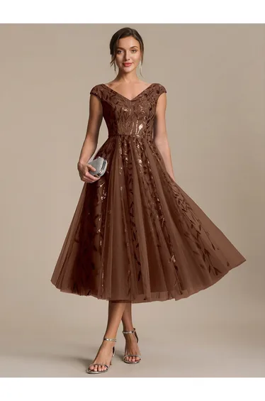 Sleeveless V-Neck Sequin A-Line Midi Wedding Guest Dress