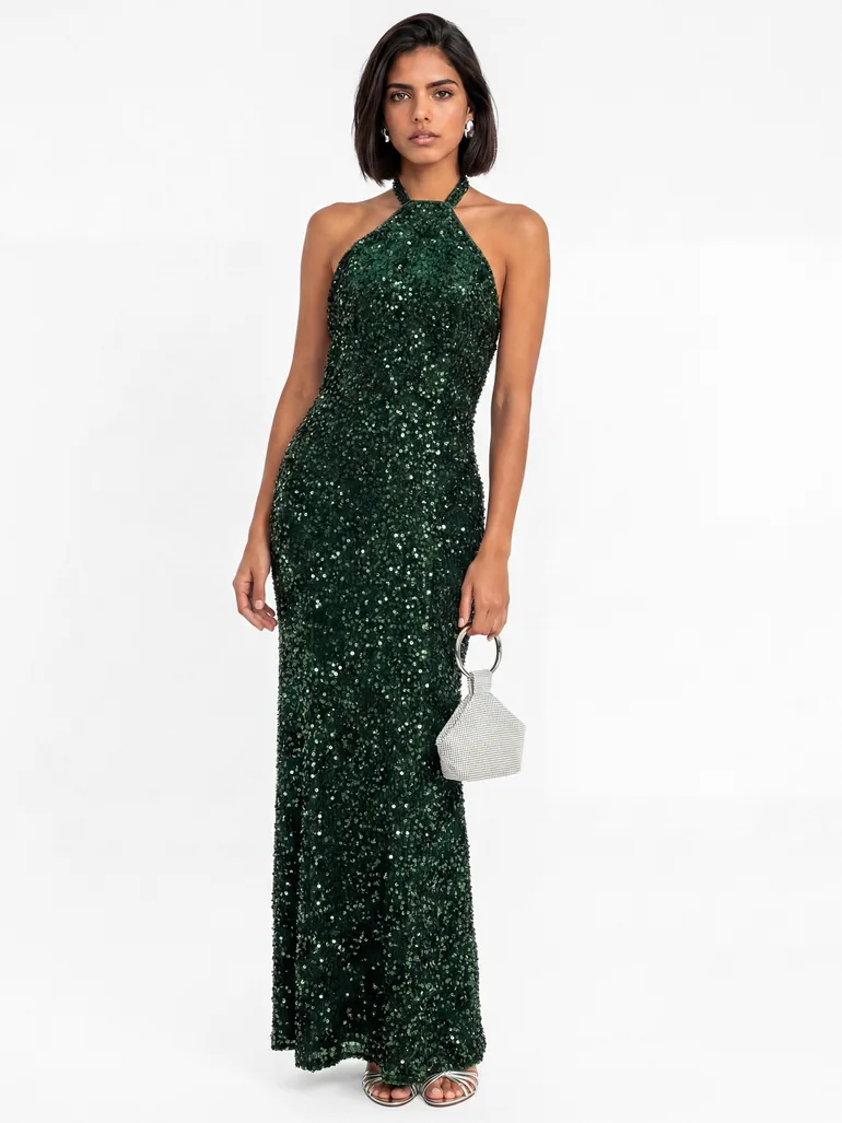 Maya Emerald Green Embellished Halter Neck Velvet Maxi Dress