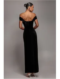 Goddiva Draped Shoulder Velvet Corset Maxi Dress  - Black - 2