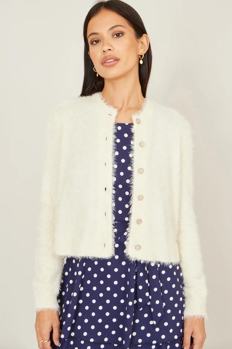 Yumi Ivory Eyelash Knit Cropped Cardigan - 1