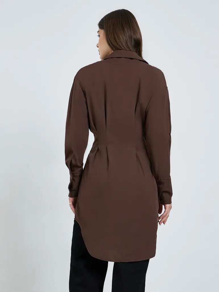 Brown Fold Pleat Longline Shirt - 3