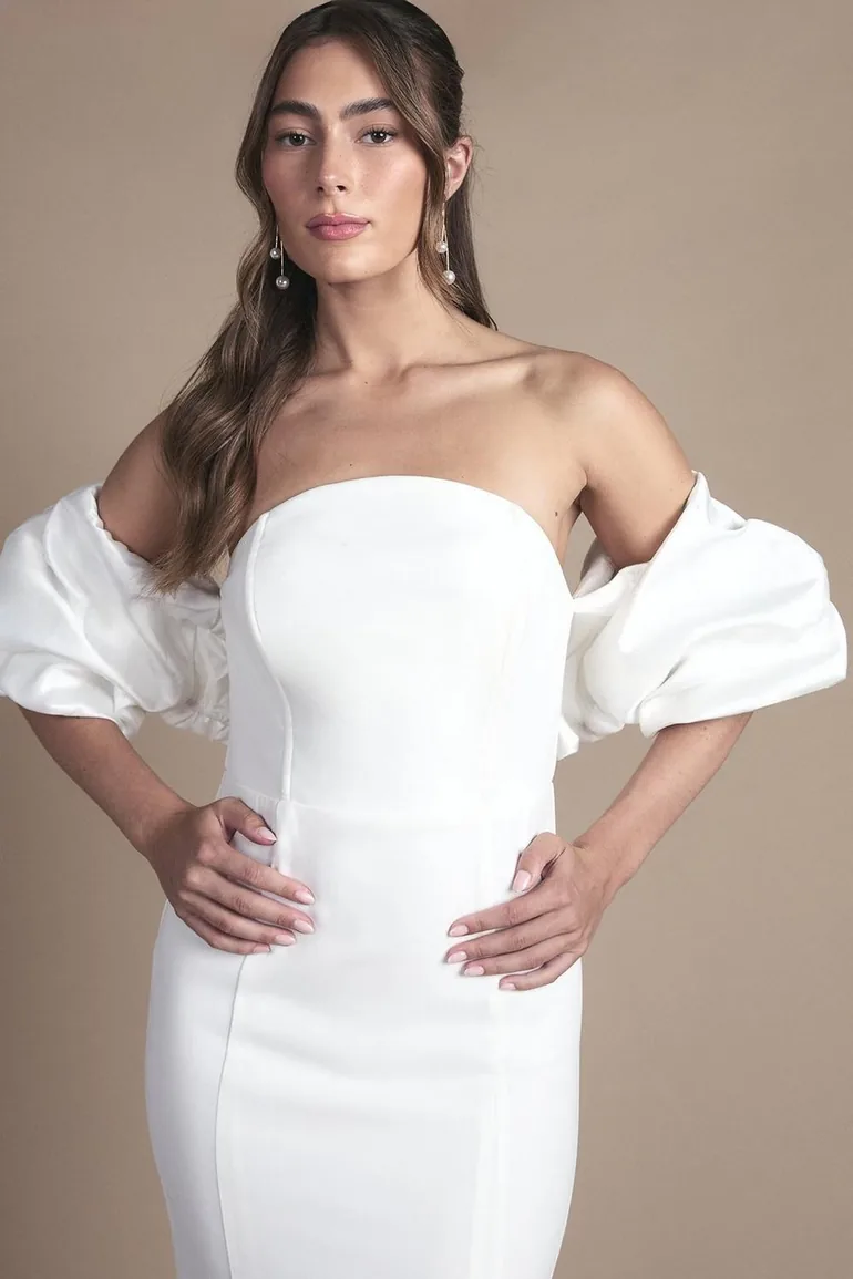 Puff Sleeve Bardot Fishtail Wedding Dress - 1