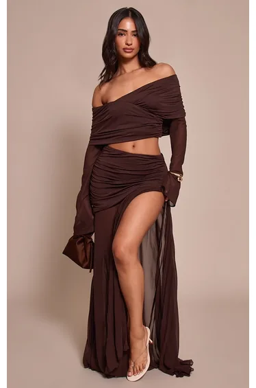 Petite Chocolate Bardot Twist Front Crop Top