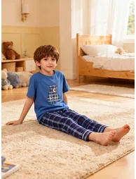 Boys Blue Bear Print Round Neck T-Shirt and Pyjama Set - 3