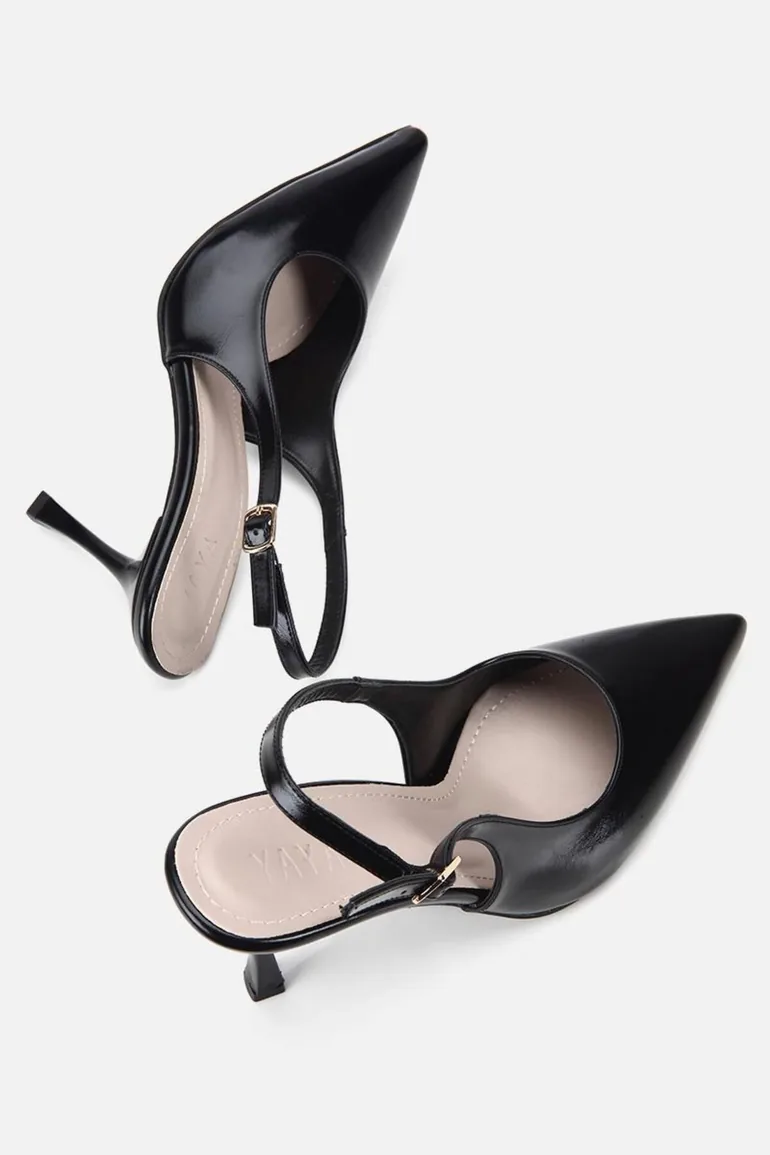 Women's Black Pointed Toe Patent Leather Open Back Stiletto Heel U Shoes - 5