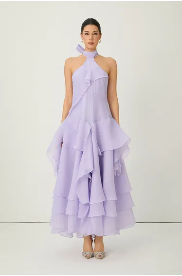 Always Turning Heads Purple Halter Neck Tiered Ruffle Maxi Dress