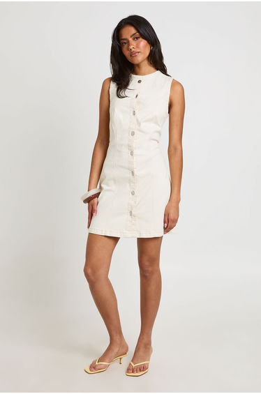 Seam Detail Button Down Denim Mini Dress - ecru