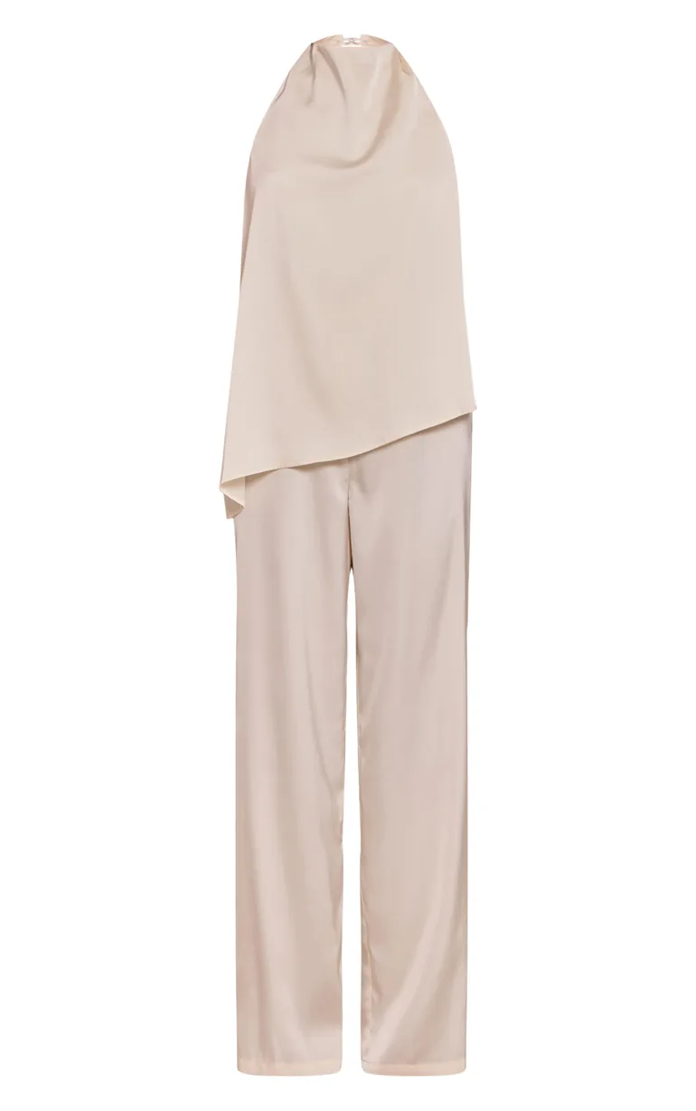 Cream Satin Draped Halterneck Wide Leg Jumpsuit - 4