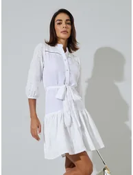 Off White Cotton Schiffli 3/4 Sleeves Mini Dress - 1