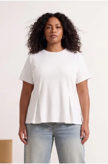 Ecru Peplum Short Sleeve 100% Cotton Knitted Blouse
