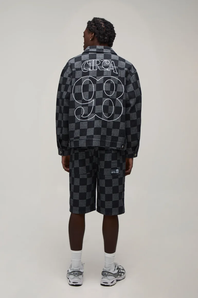 Regular Fit Checkerboard Jacquard Embroidered Denim Jacket - washed black - 1