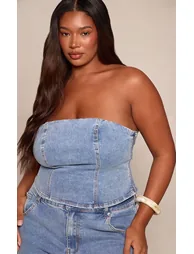 Plus Mid Blue Wash Adjustable Elasticated Bandeau Corset Top - 5