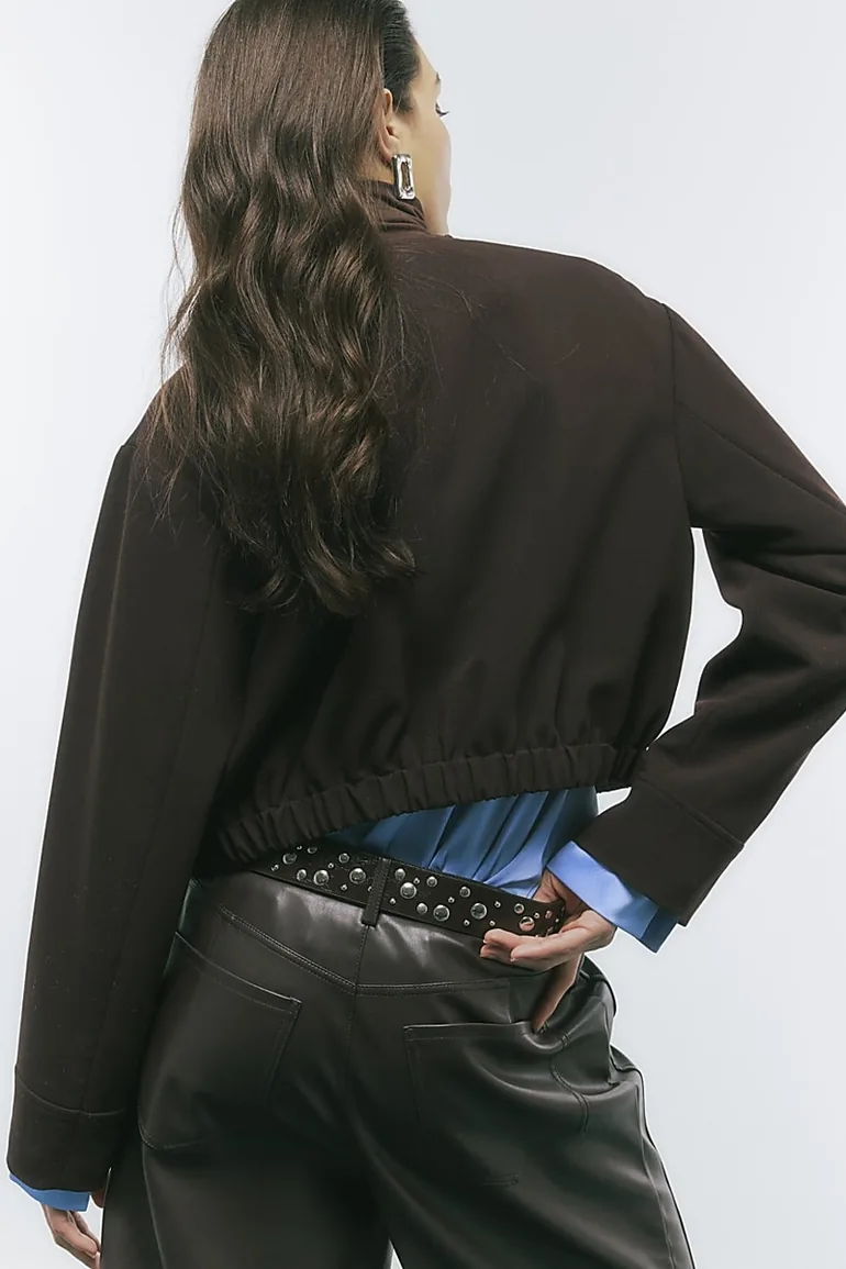 Brown Long Sleeve Front Pocket Bomber Jacket - 2