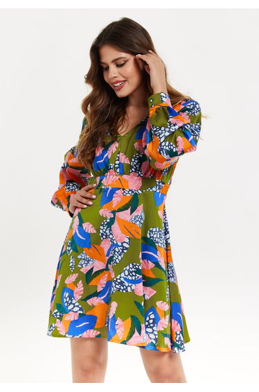 Women's Mini Dress with Long Balloon Sleeves in Olive - Abstract Leaf Print with V-Neck and Satin Shimmer Fabric by Liquorish product thumbnail 2