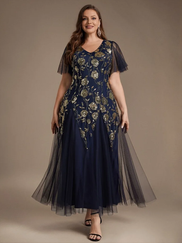 pretty ORLA|Plus Size Floral Embroidered Sequin Ruffle Sleeve Tulle Evening Dress