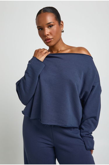Plus Loopback Raw Hem Off Shoulder Sweatshirt - navy