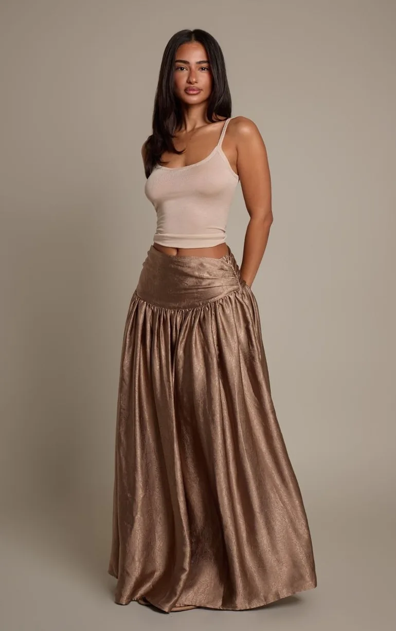 Petite Mushroom Gathered Waistband Satin Maxi Skirt