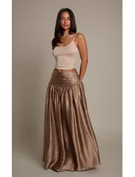 Petite Mushroom Gathered Waistband Satin Maxi Skirt