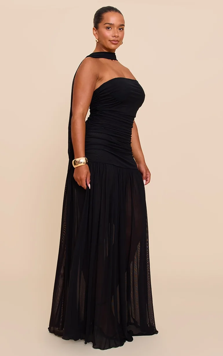SHAPE BLACK Ruched Scarf Dropped Waist Maxi Dress - 2