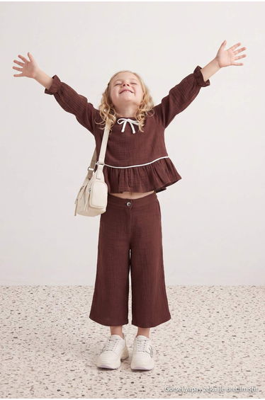 Burgundy Girl's 100% Cotton Muslin Bow Woven Shirt and Trouser Bottom - Top Set product thumbnail 2
