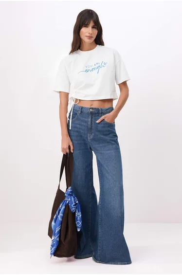Ecru Slogan Boxy Low Sleeve Short Sleeve 100% Cotton Knitted T-Shirt