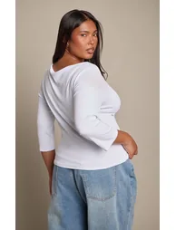 Plus White Soft Rib Boat Neck Long Sleeve Top - 2
