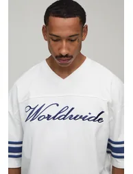 Oversized V-Neck Worldwide Embroidered Heavyweight T-Shirt - white - 2