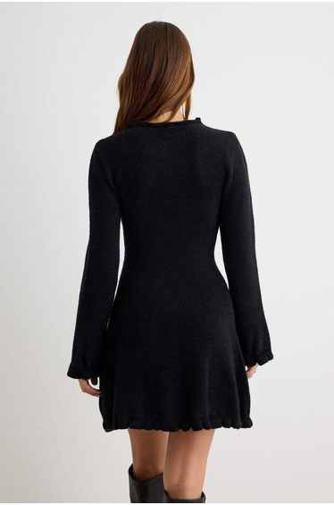 Black Ruffle Detailed a Line Mini Knitwear Dress product thumbnail 4