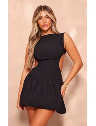 Black Stretch Woven Cut Out Backless Shift Dress - 2