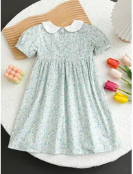 Girls Floral Print Smocked A-Line Dress - 4
