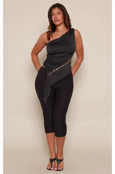 Shape Black Soft Touch Eyelet Asymmetrical Hem One Shoulder Top