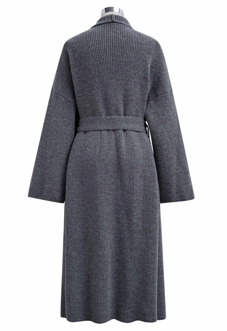 Wide Lapel Tie Waist Longline Knit Cardigan in Smoke - 8