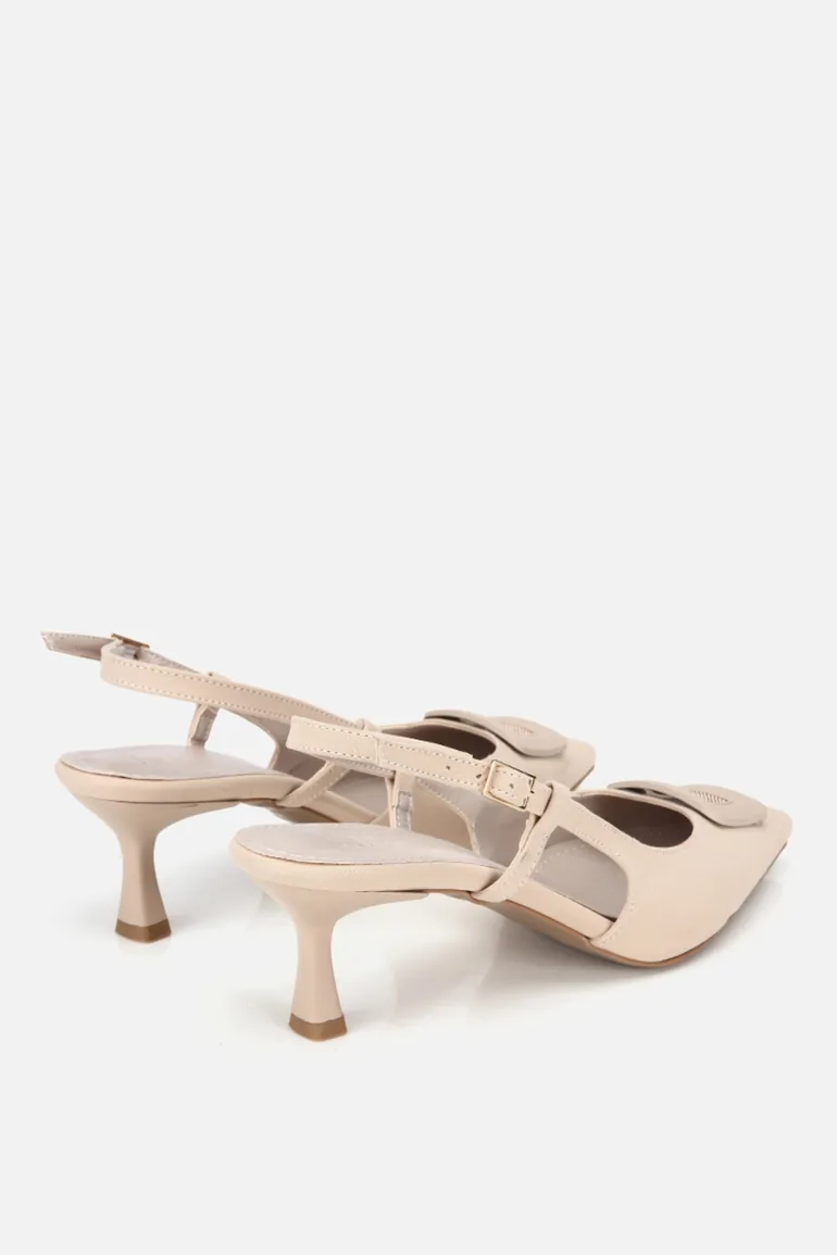 Women's Beige Pointed Toe Gold Detailed Open Back Short Heeled Shoes - 2
